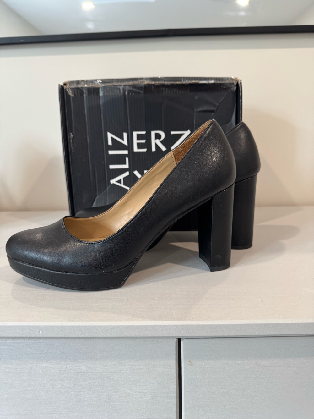 Black Leather Block Heel Pumps